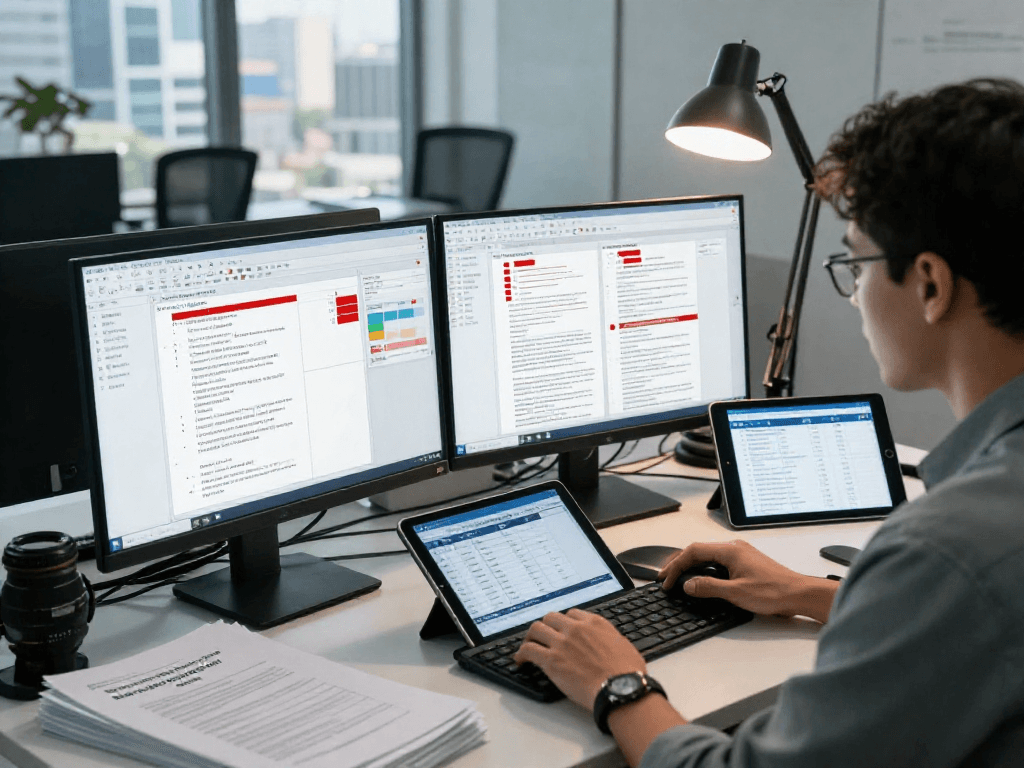 Document fraud detection analysis in a professional office with advanced software tools, highlighting risk insights and suspicious document elements.