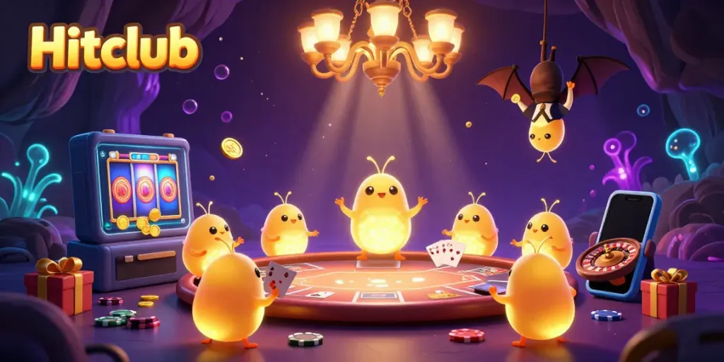 Join the excitement at Hitclub with glowworms illuminating a vibrant cave casino scene filled with slot games and lively action.