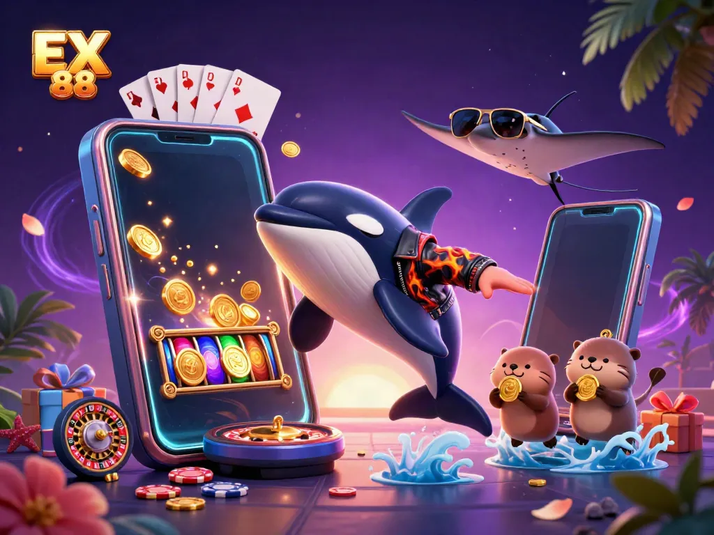 EX 88 features vibrant sea creatures engaging in a lively casino scene with dynamic slot games and golden coins.