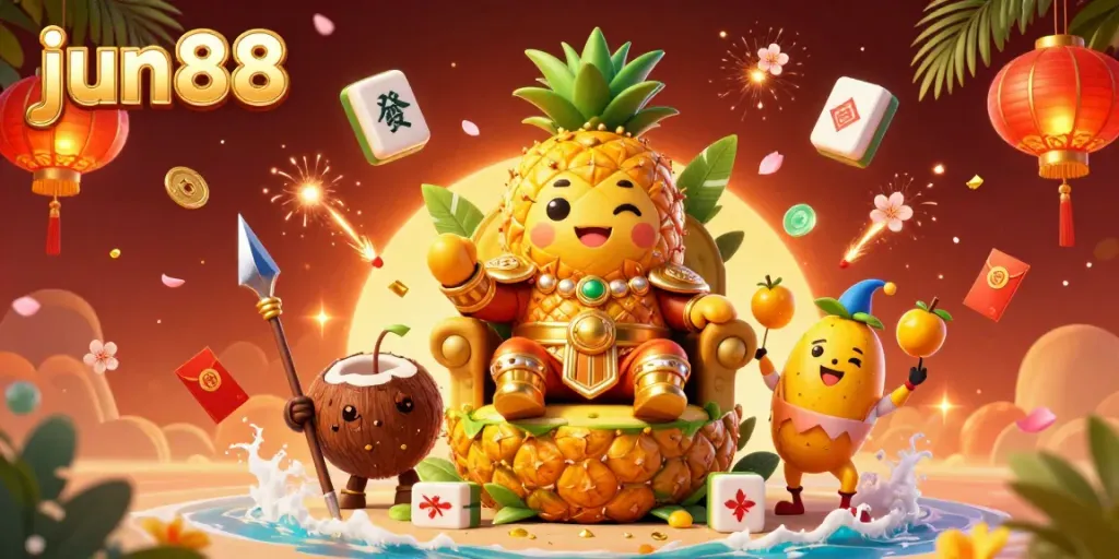 Experience exciting casino action with the colorful jun88 scene featuring a golden pineapple king and festive game elements.