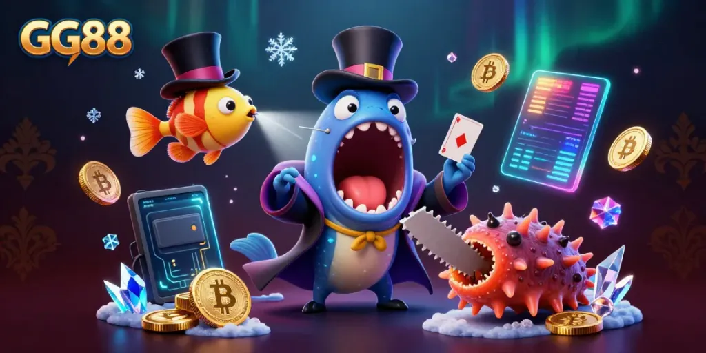 GG88 features a bioluminescent deep-sea gulper eel performing tricks in a vibrant underwater casino scene.