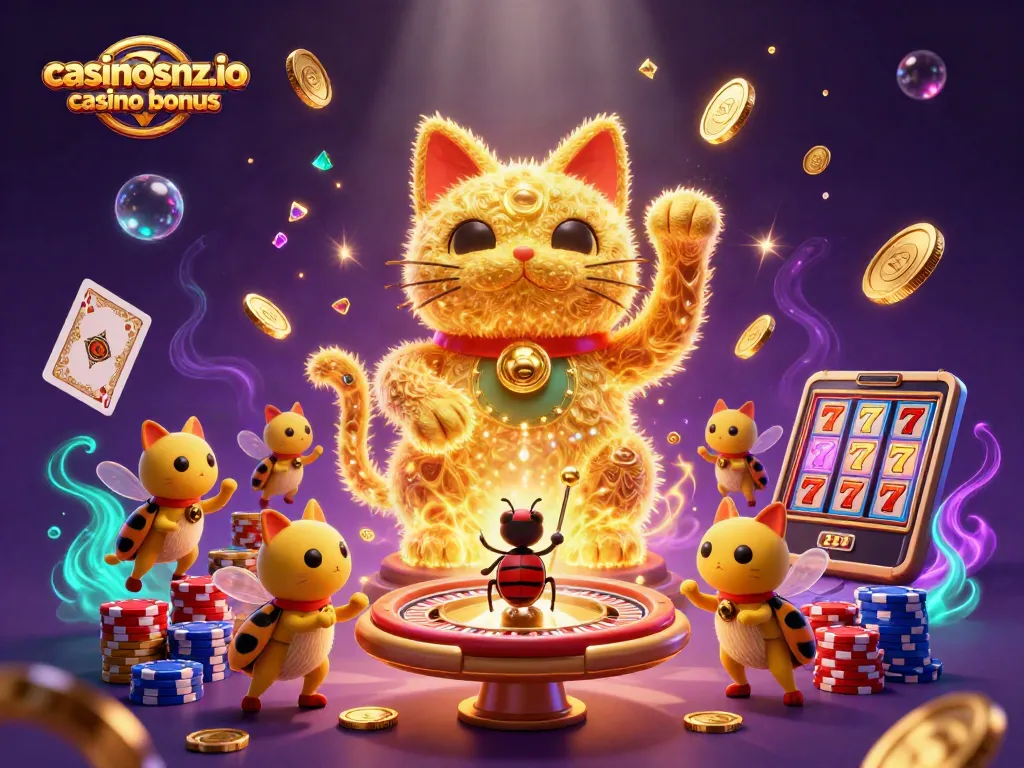 Engage with the casinosnz.io casino bonus through a vibrant 3D illustration filled with lucky symbols.