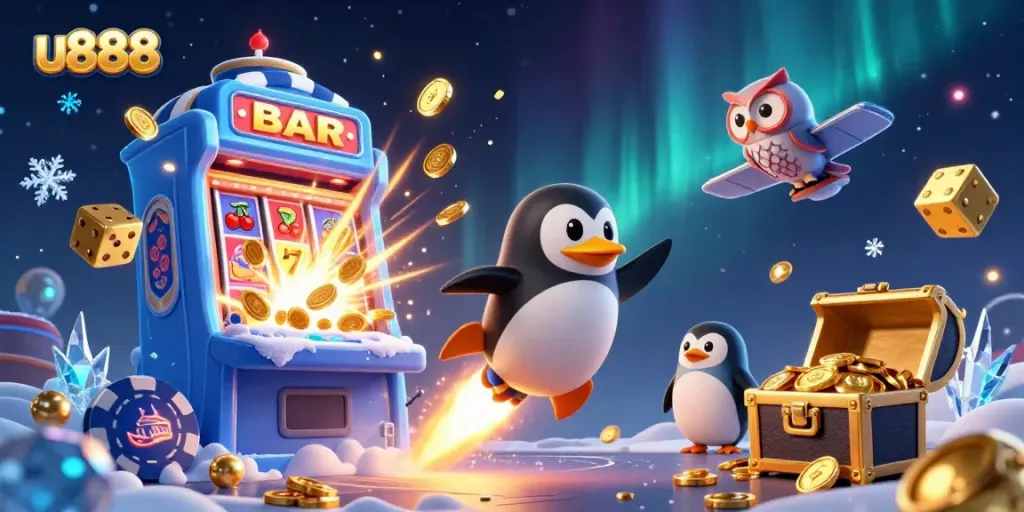 Experience the exciting world of gambling with u888 featuring a golden penguin and jackpot slots.
