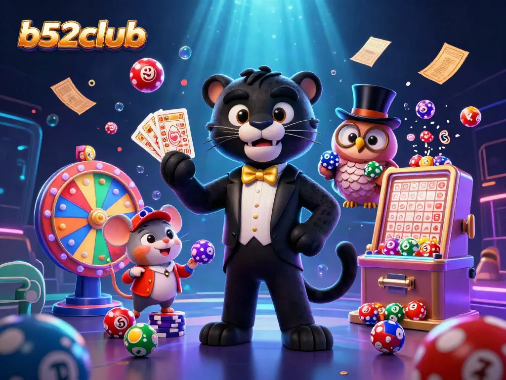 Engage in exciting gameplay at b52club with a stylish black panther dealer, colorful lottery elements, and vibrant casino ambiance.