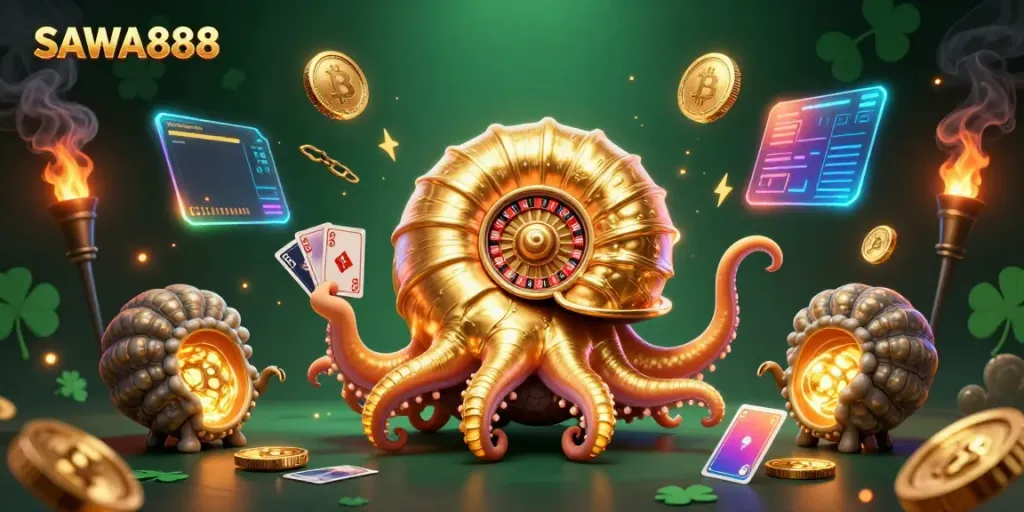 Engage in luck with SAWA888 at a dazzling casino scene featuring a golden nautilus roulette wheel.