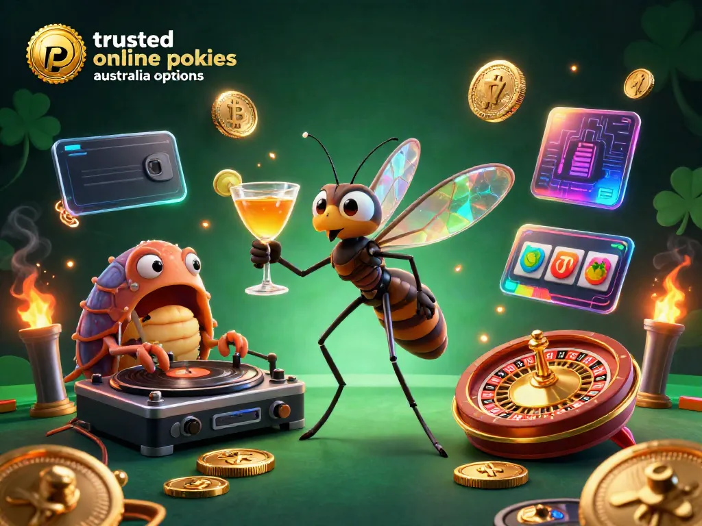 Engage with trusted online pokies Australia options featuring vibrant characters, golden elements, and cryptocurrency themes.