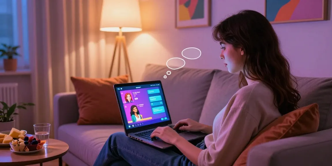 Engaging ai sex chat scene with user on laptop in cozy environment.