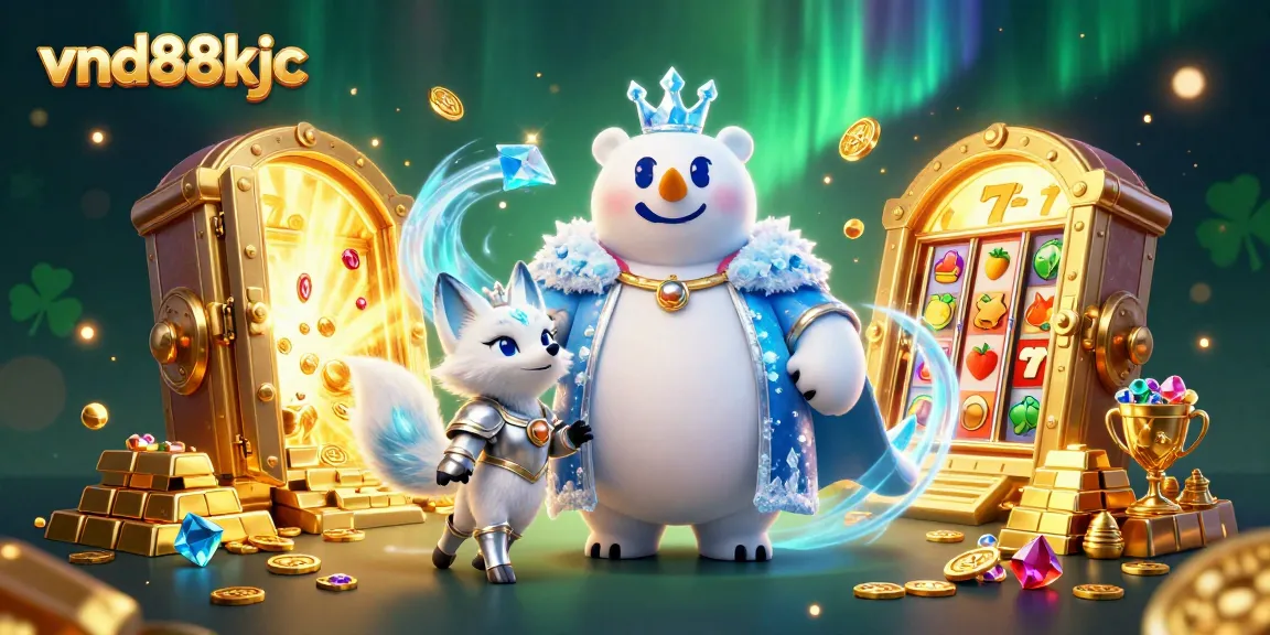 Engage with the exciting gaming world at vnd88kjc, featuring a vibrant 3D scene of casino treasures, slot games, and lively characters.
