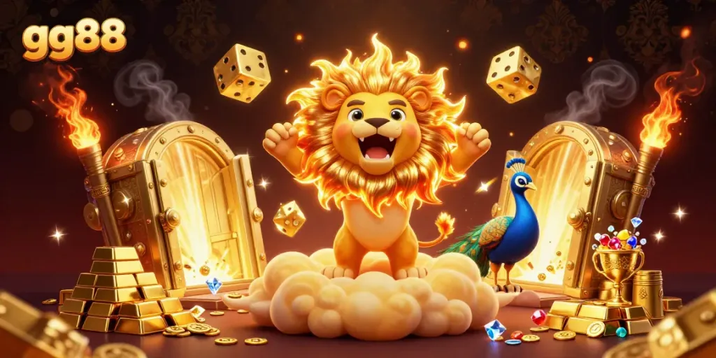 Experience winnings with gg88 in this vibrant casino-inspired 3D illustration featuring a roaring sun lion and golden treasures.