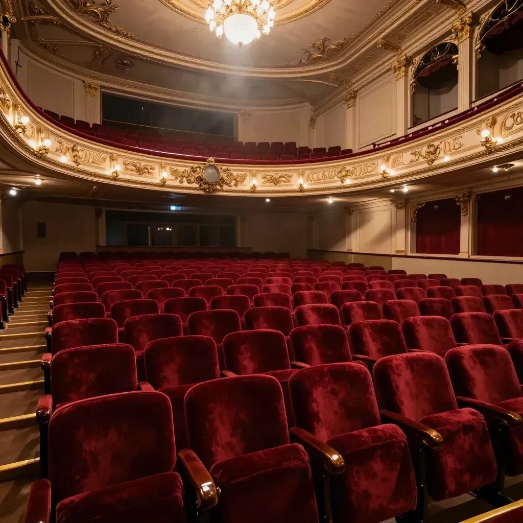 Auditorium teatrale vuoto con poltrone rosse, luci d’ottone e proscenio luminoso.