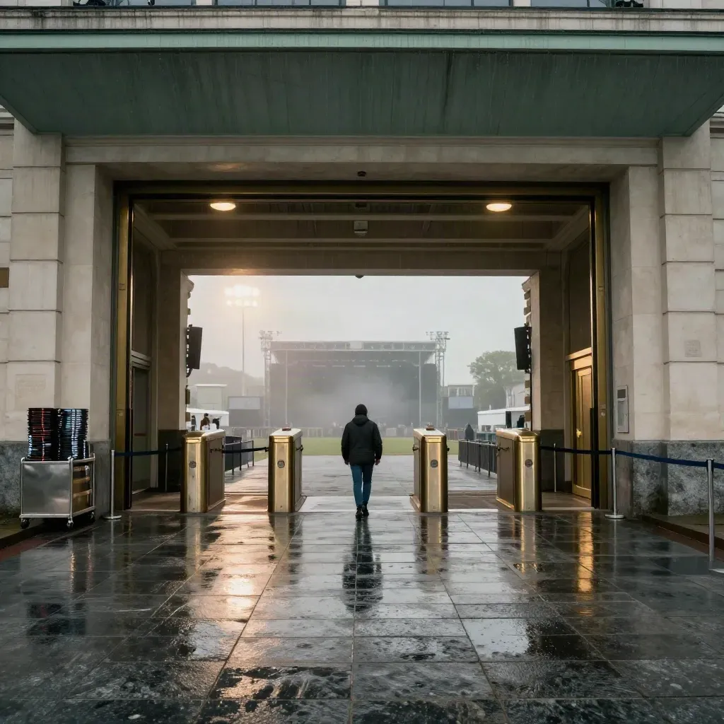 Ingresso di un’arena bagnato dalla pioggia con tornelli luminosi e nebbia sottile.