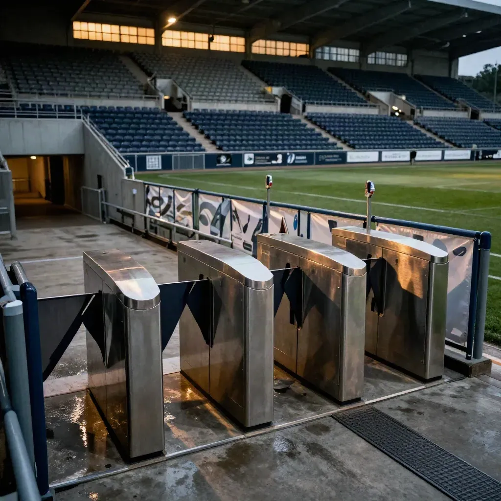 Ingresso vuoto di uno stadio con tornelli, luci calde e sedute a bordo campo nel tardo pomeriggio.