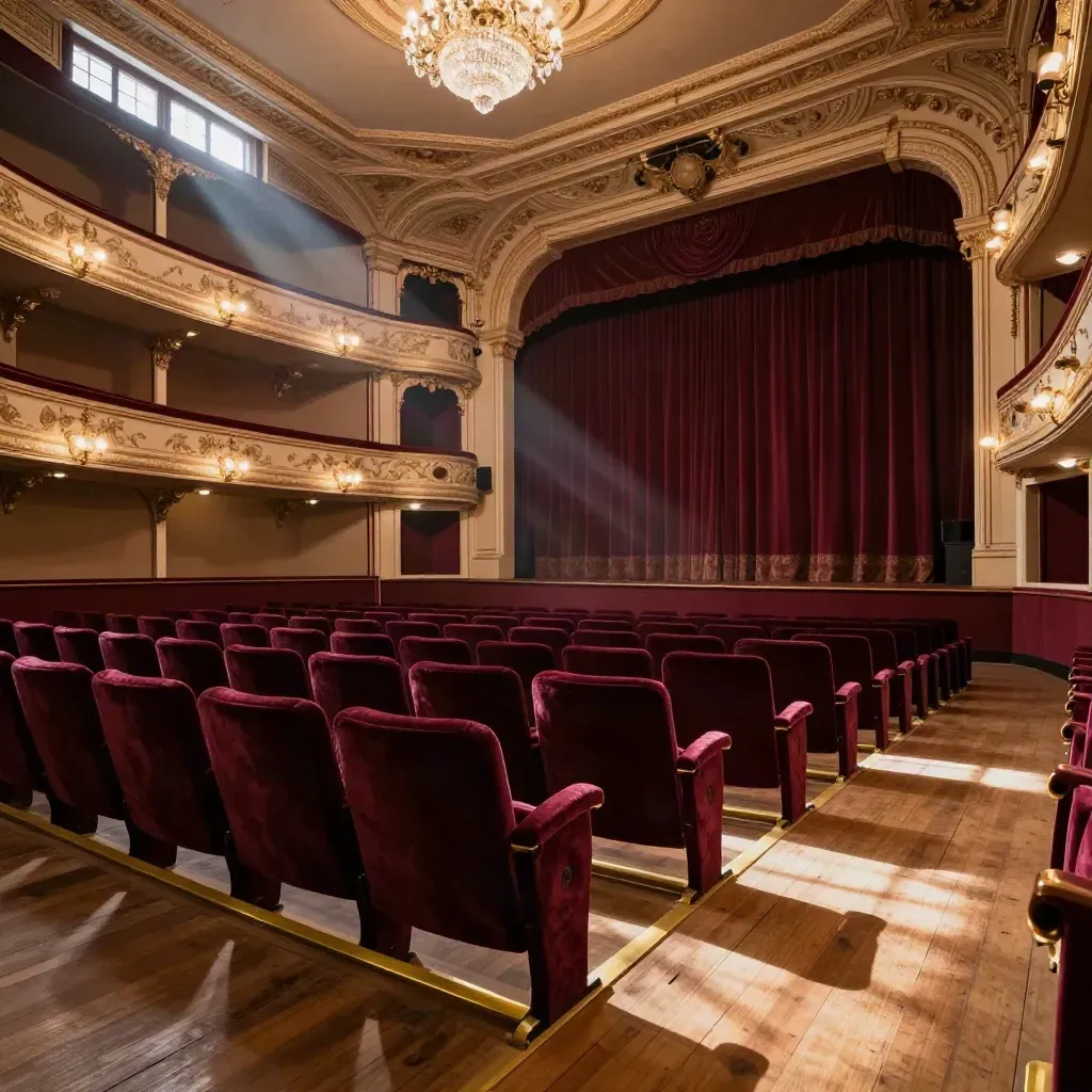 Teatro proscenio pronto per il debutto, poltrone ordinate e lampadari accesi