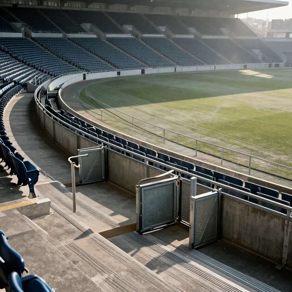 Stadio derby vuoto con settori pronti, barriere allineate e campo luminoso oltre la nebbia.
