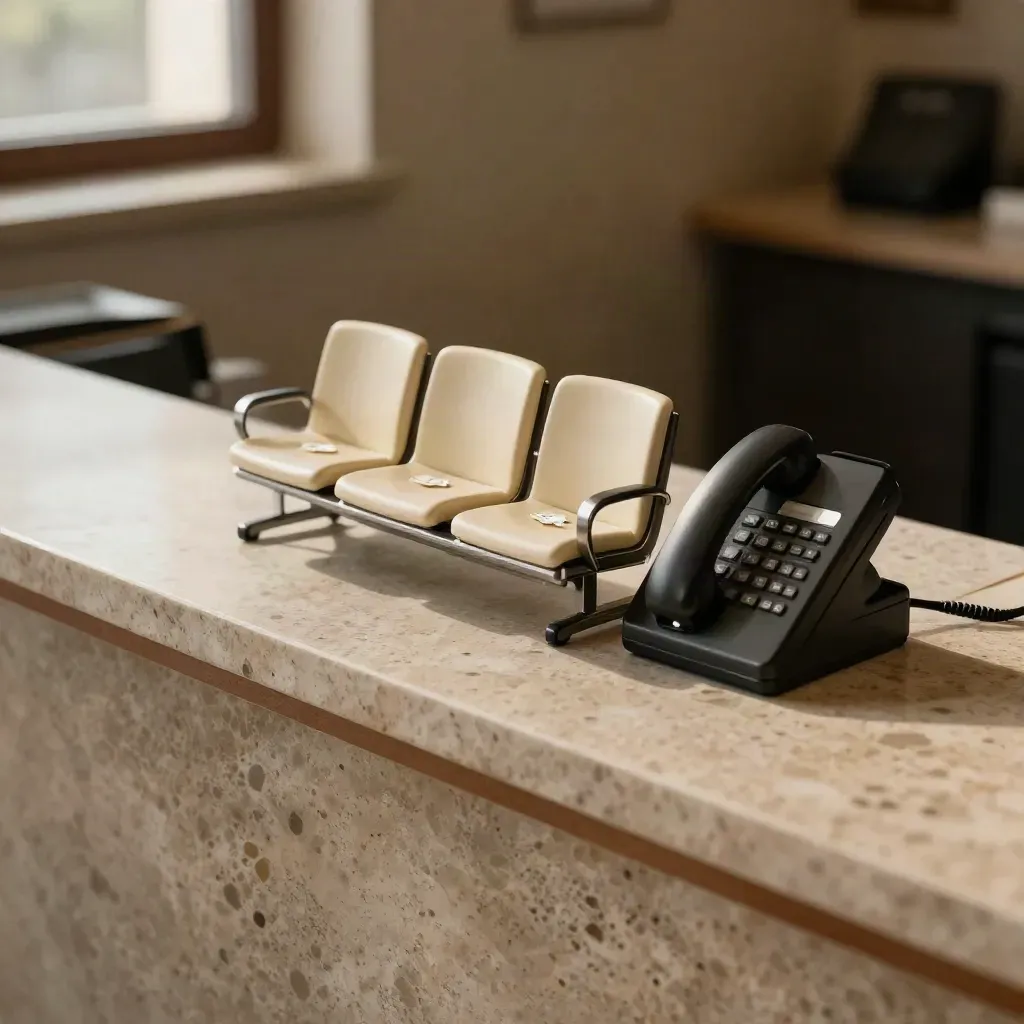 Modellino dei posti, pin e dock telefono su banco in pietra, luce cinematografica.