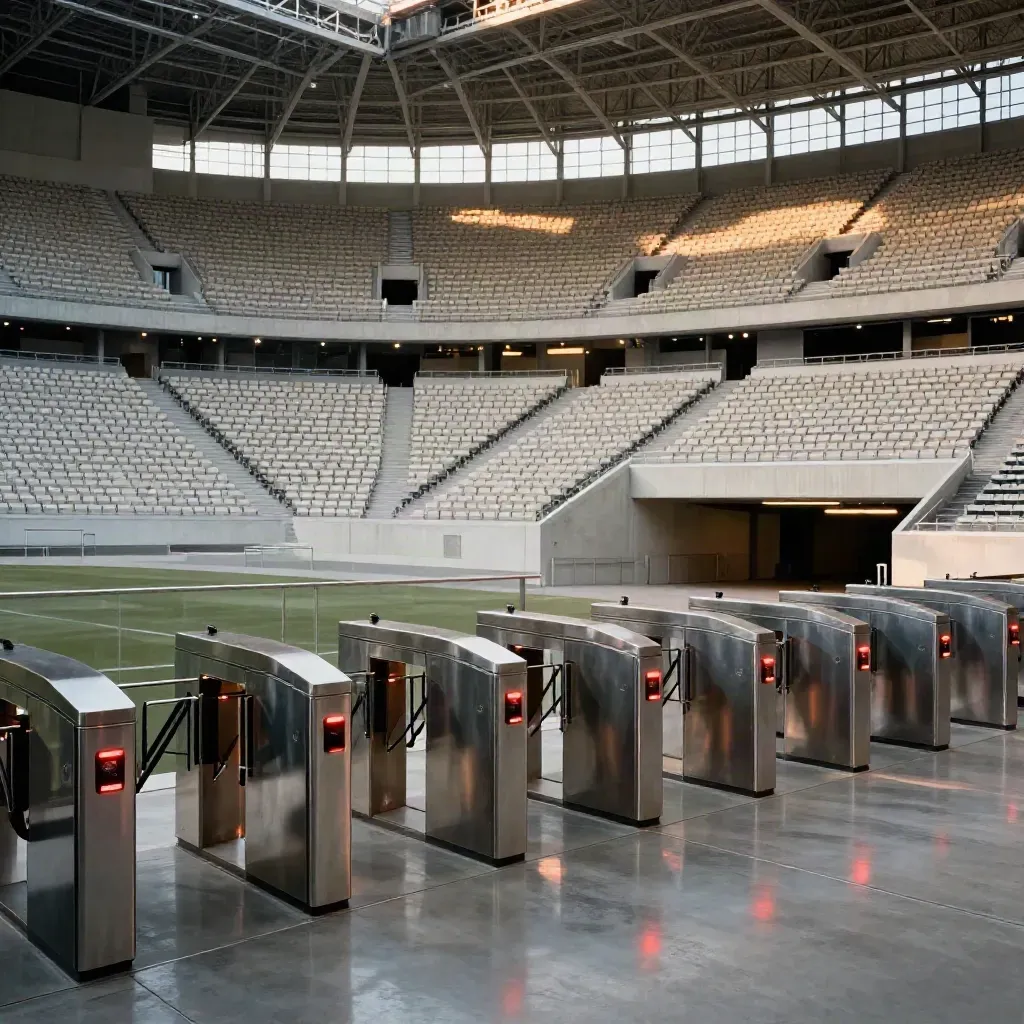 Arena vuota pronta per il tour, gradinate illuminate e tornelli accesi nella luce soffusa.