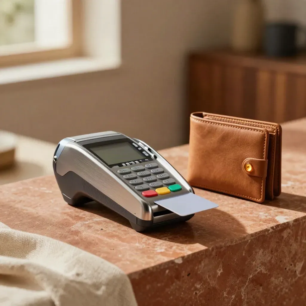 Terminale contactless, wallet e luce di conferma su mensola in pietra calda
