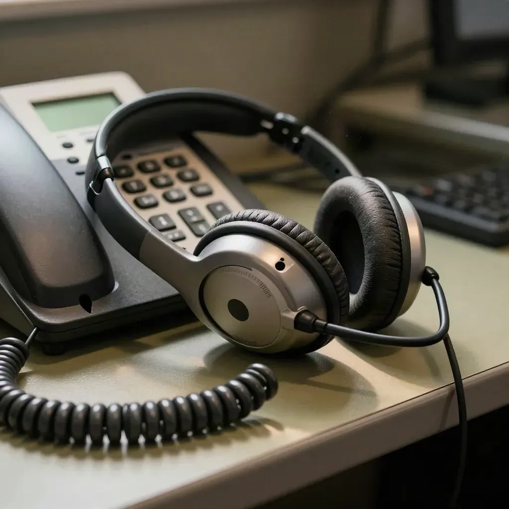Cuffie da supporto in base, telefono fisso e tasto mute su banco da call center