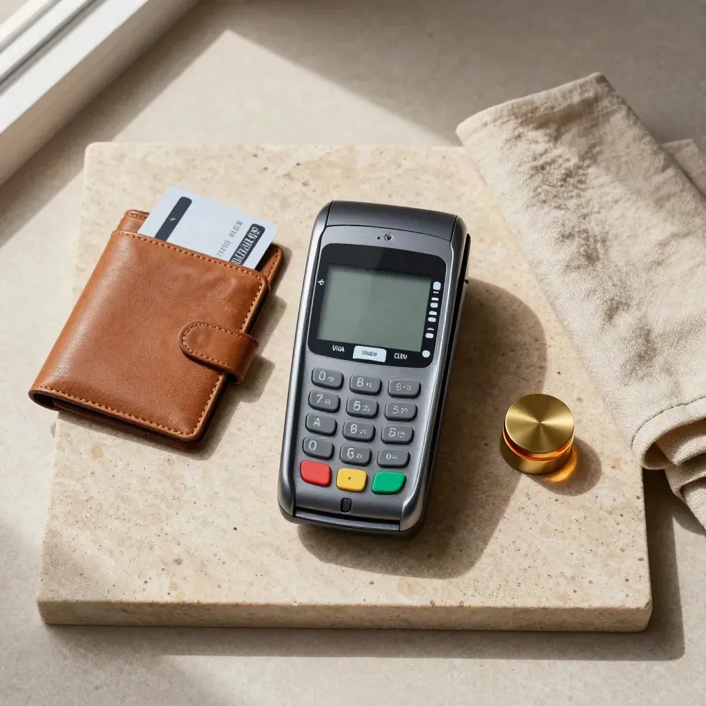 Terminale contactless, portafoglio, carta e puck su vassoio di pietra con luce calda.