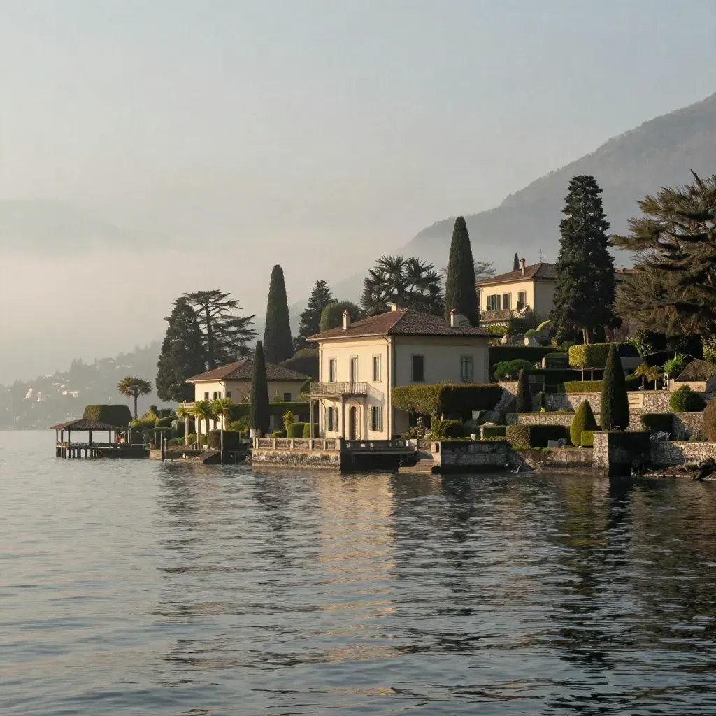 Riva del Lago di Como con ville, cipressi e nebbia mattutina sullo sfondo.