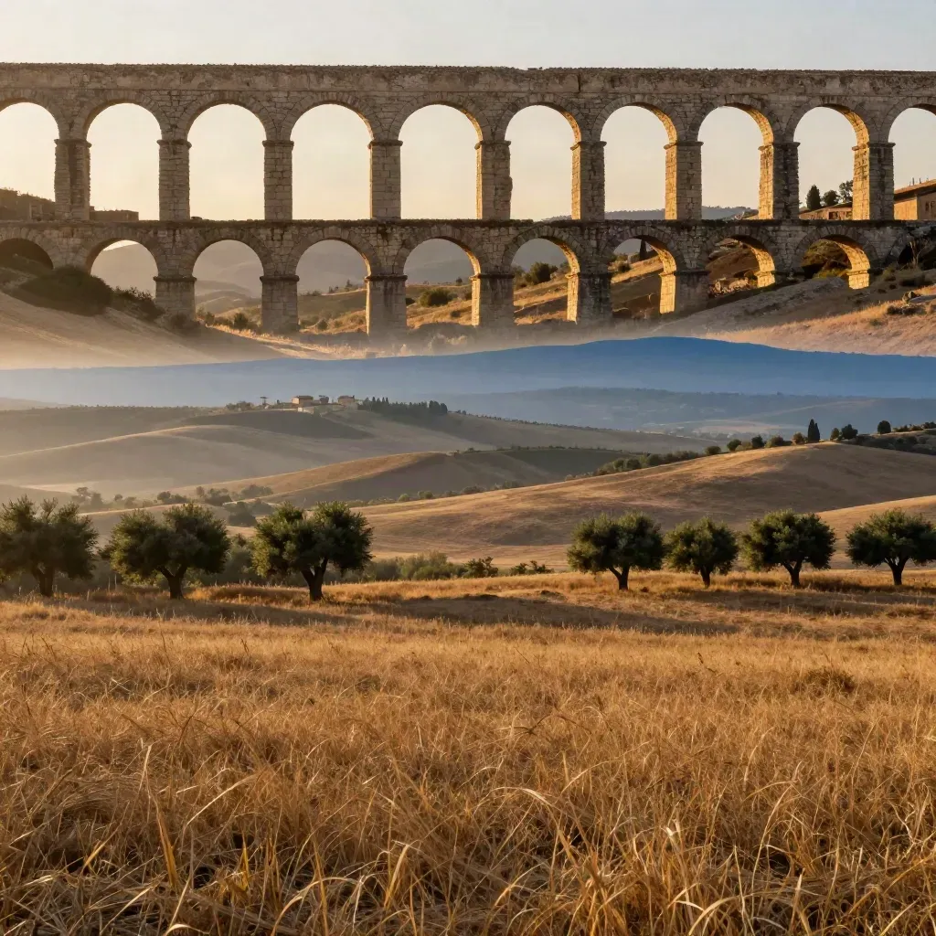 Acquedotto romano e rovine in travertino nella campagna laziale al tramonto