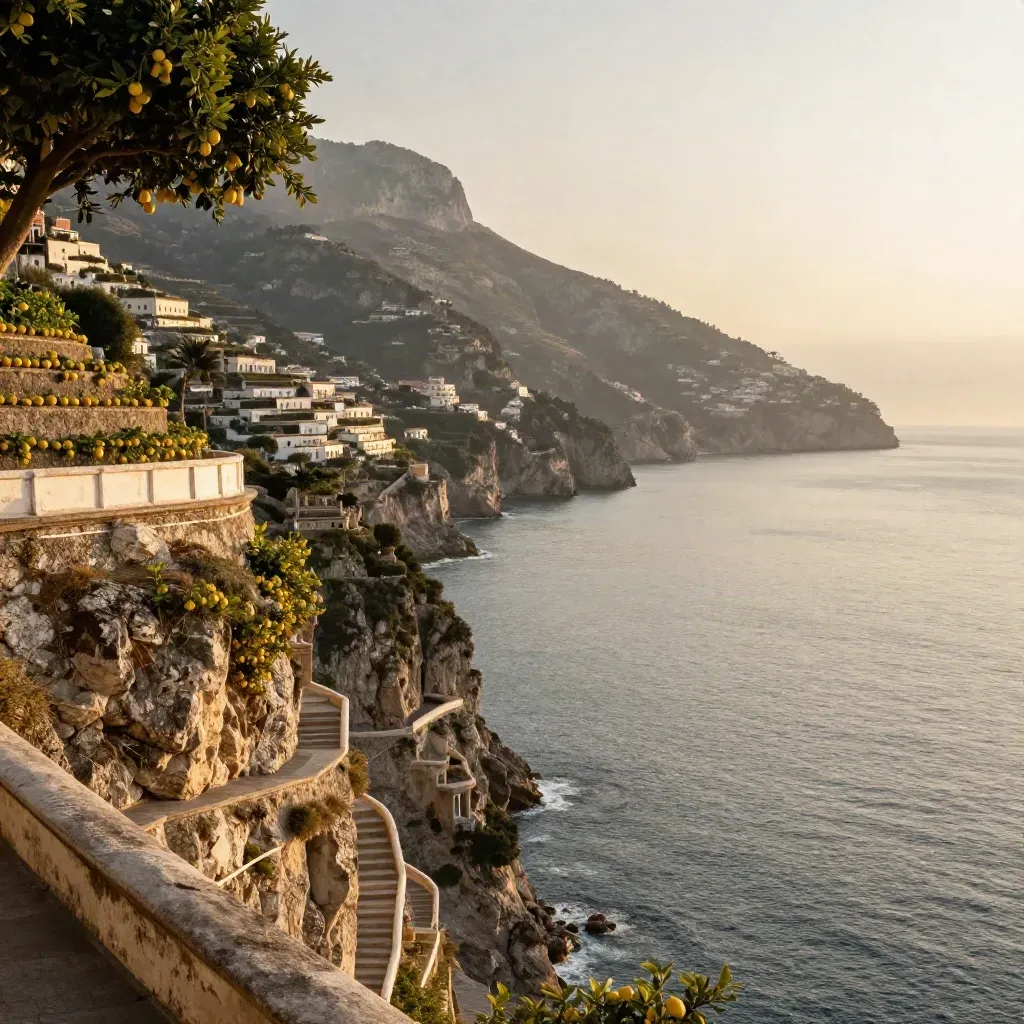 Costiera Amalfitana con limoneti a terrazza e mare velato sotto la scogliera