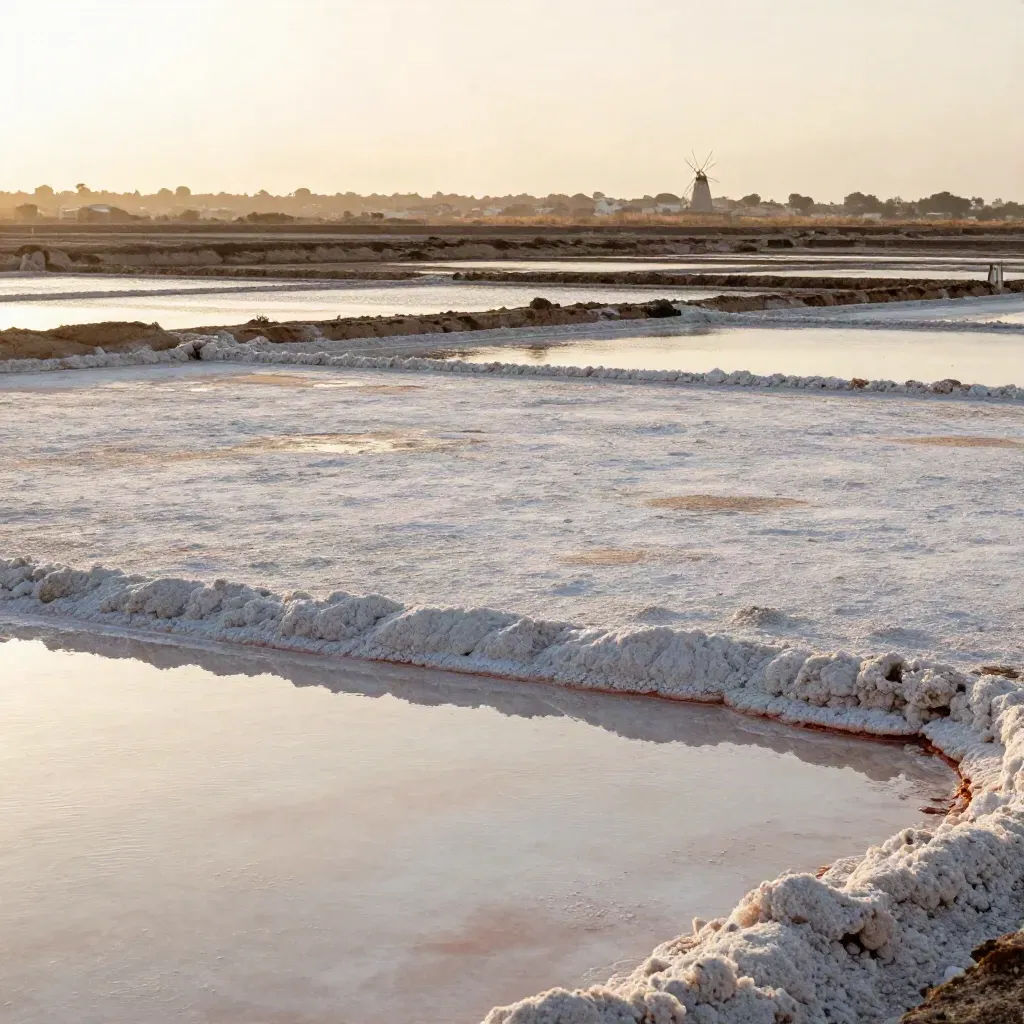 Saline di Trapani con crosta di sale, vasche lucenti e mulini lontani nella foschia