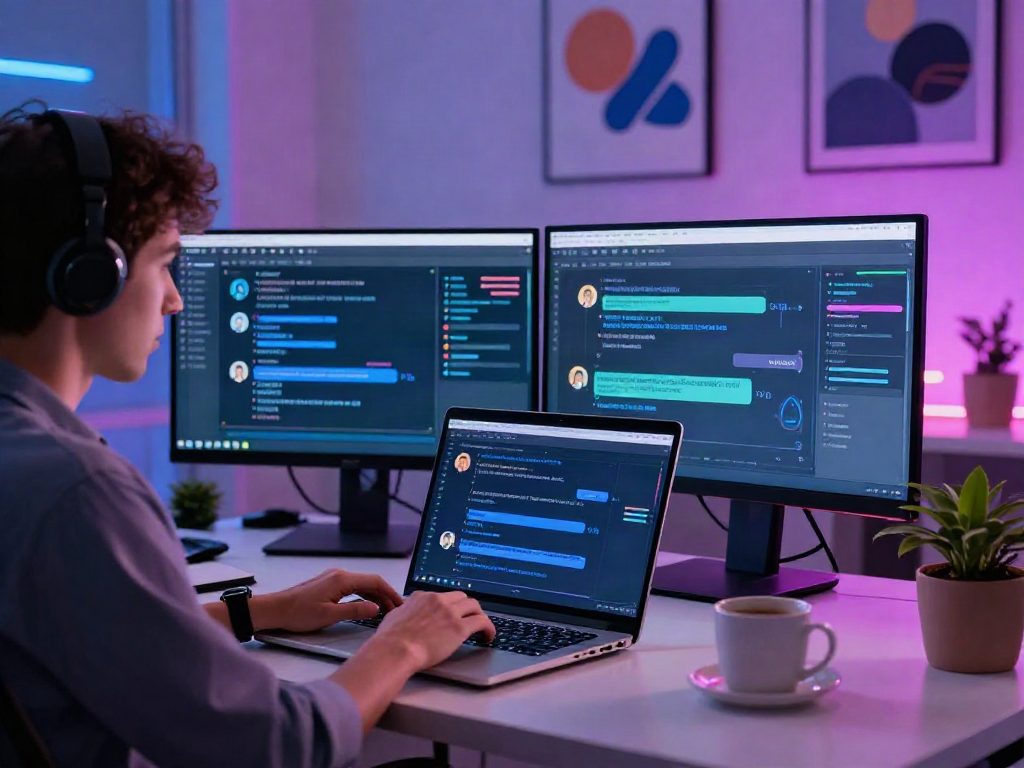 Engaged user in an AI NSFW chat within a modern tech workspace.