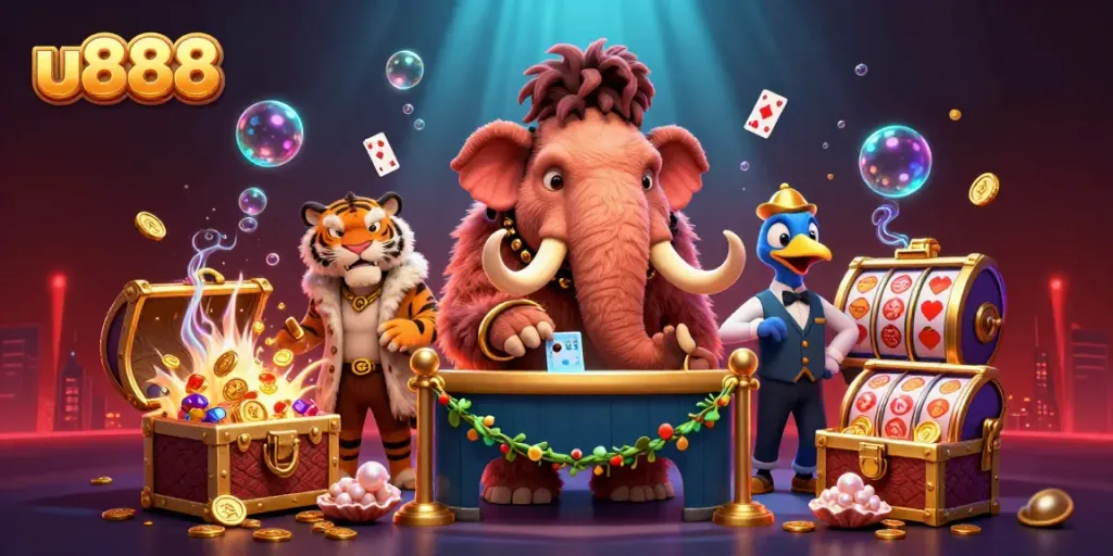 Experience thrilling action at u888 casino with a woolly mammoth bouncer, saber-tooth tiger VIP, and floating slot reels!