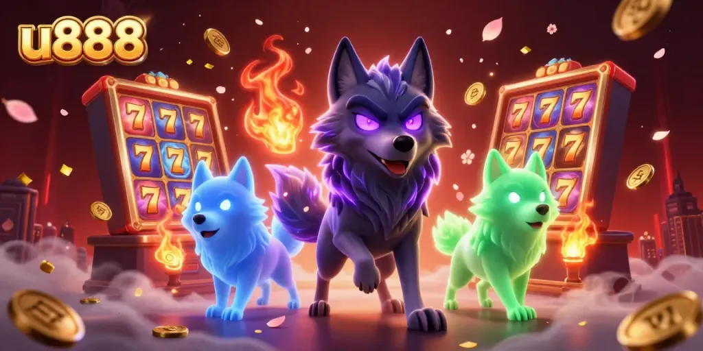 Experience thrilling gameplay at u888 with dynamic slots and glowing characters in this casino-themed illustration.