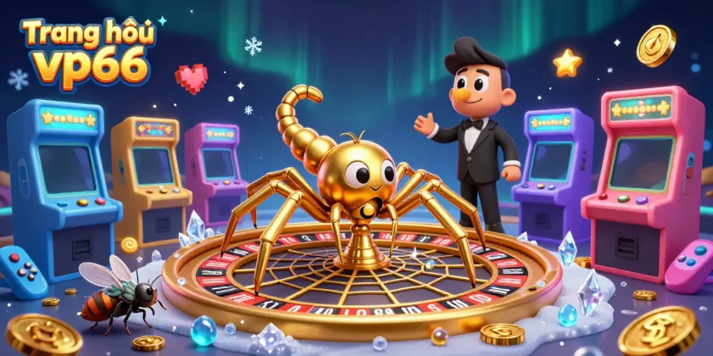 Engaging scene of Trang chủ vp66 with a golden spider spinning a roulette wheel web, promoting casino excitement.