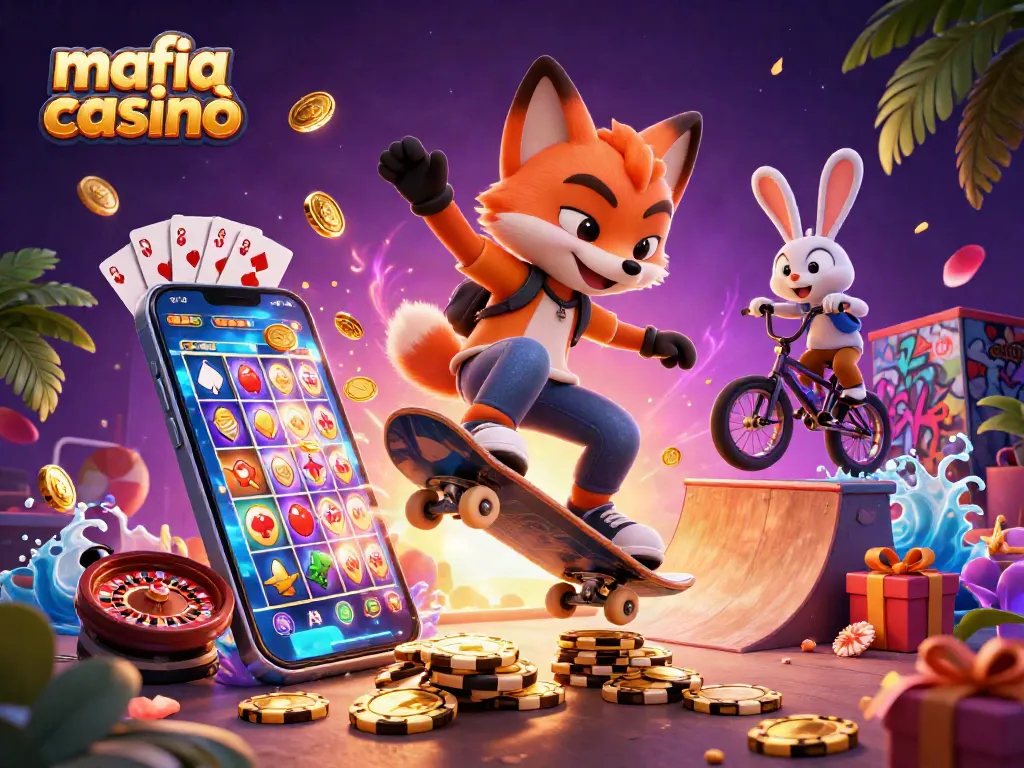 Mafia casinò scene with a cartoon fox and rabbit performing tricks amidst casino symbols and vibrant slot game elements.