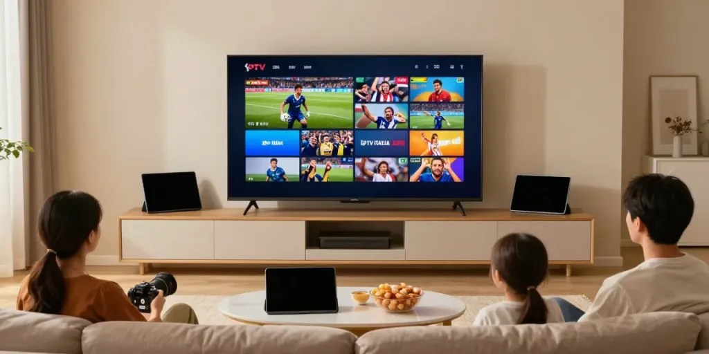 Family enjoying iptv italia content in a cozy living room setting.