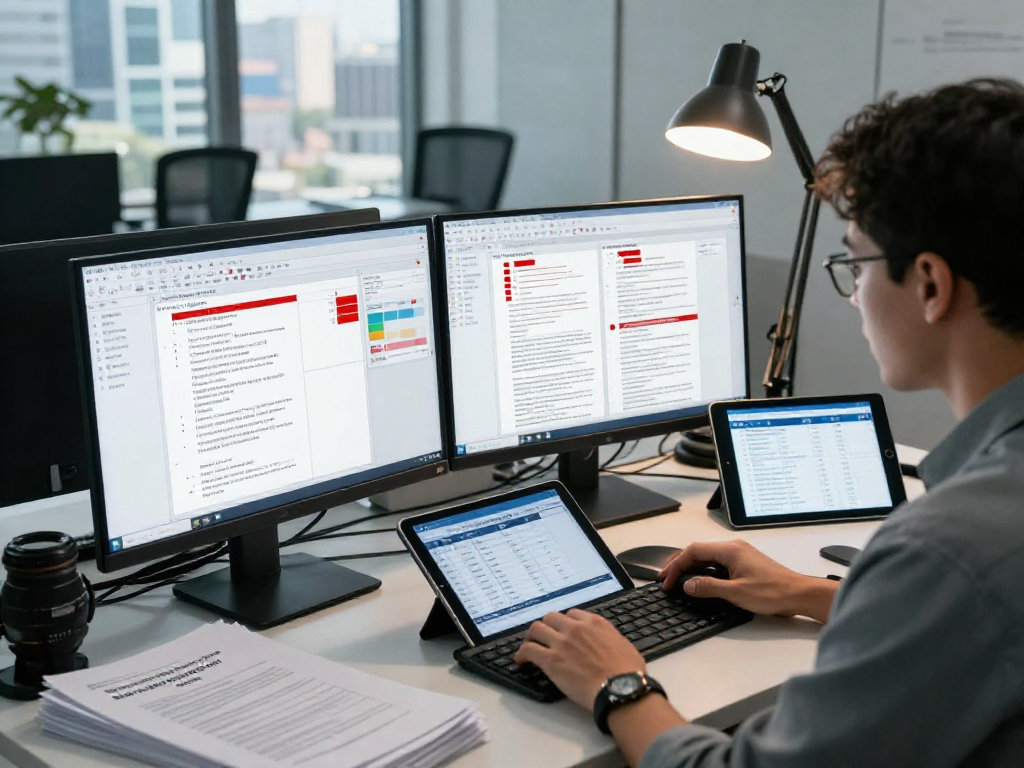 Document fraud detection analysis in a professional office with advanced software tools, highlighting risk insights and suspicious document elements.