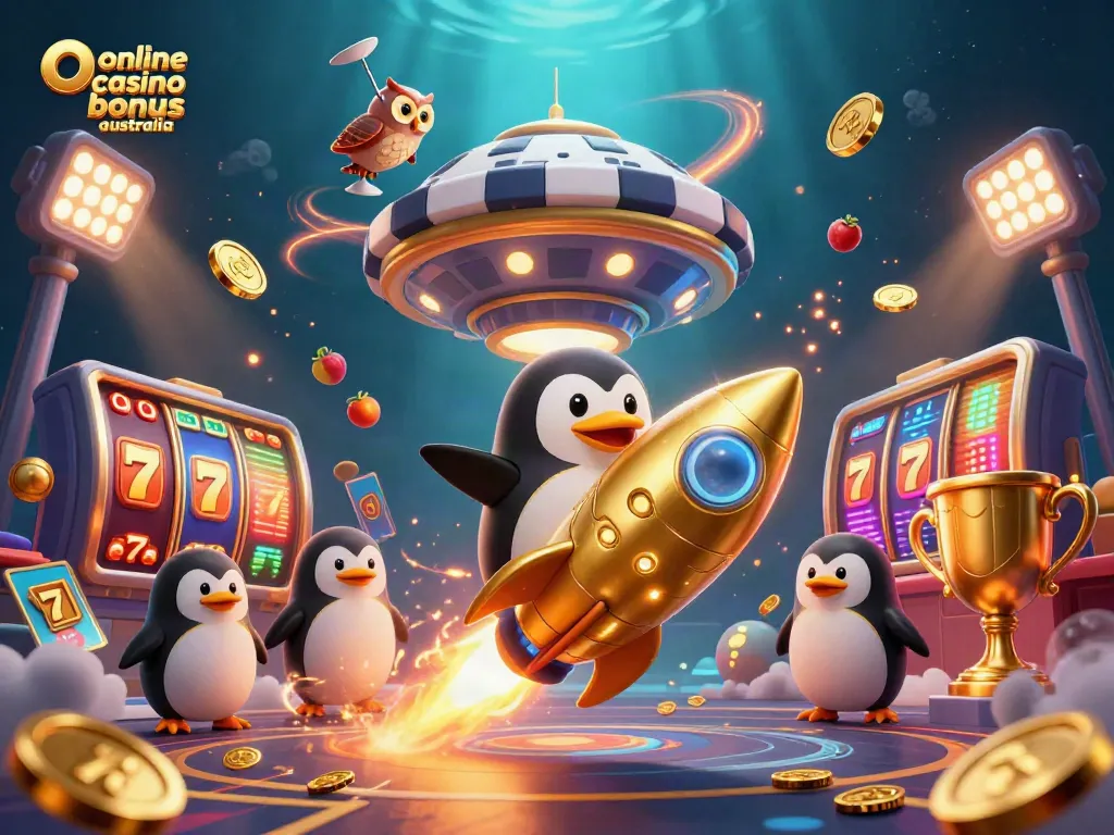 Engage with the excitement of online casino bonus australia, featuring a penguin character and vibrant gaming symbols.