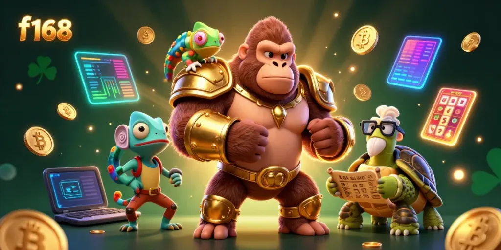 Engage with f168's vibrant casino scene showcasing a king gorilla, a chameleon, and a tortoise among dynamic gambling elements.