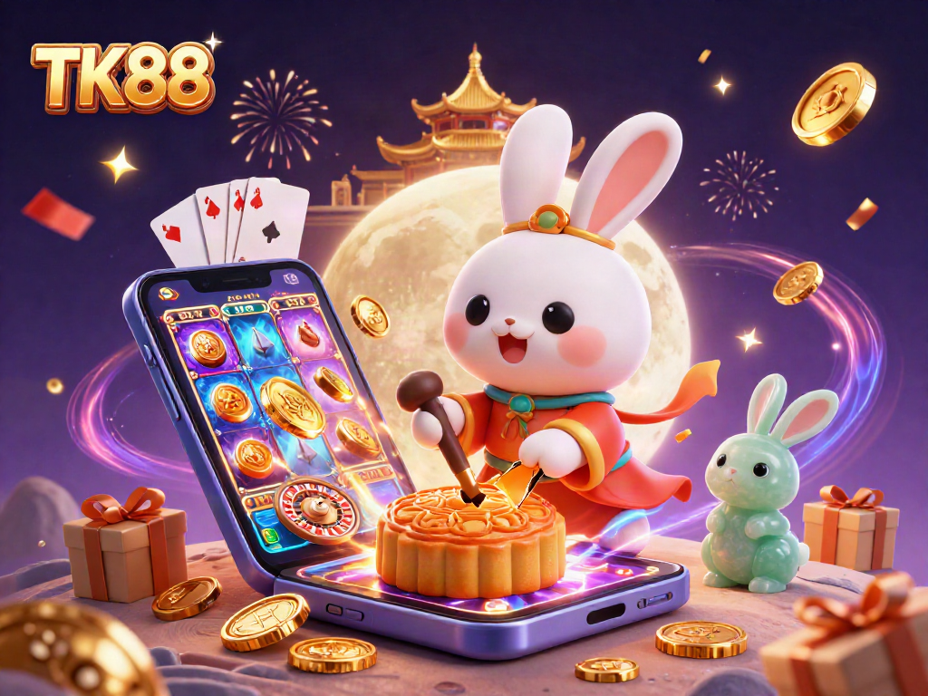 Engage with TK88 as the lunar rabbit unleashes casino thrills, revealing poker chips amidst golden mooncakes.