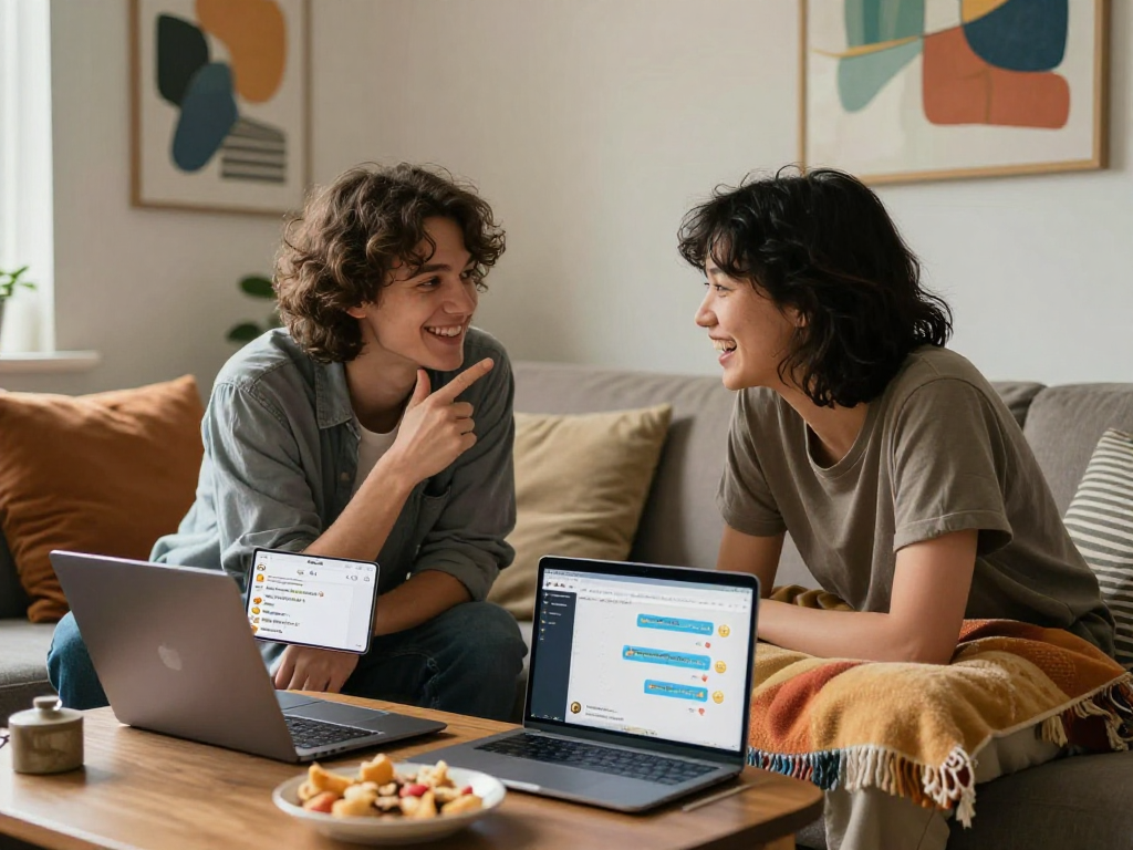 Engaging in ai dirty talk, cozy conversation in a warm living room setting.